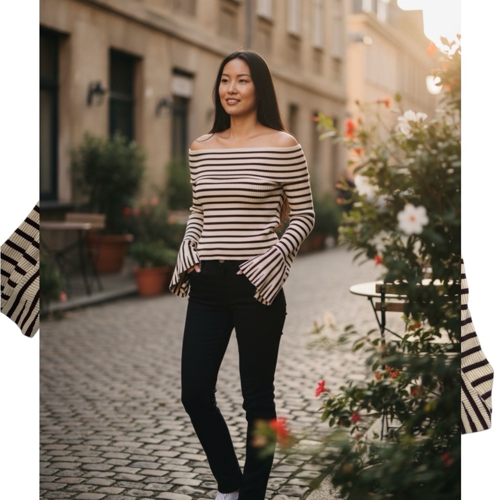 Cider Black and White Striped Long Sleeve Top